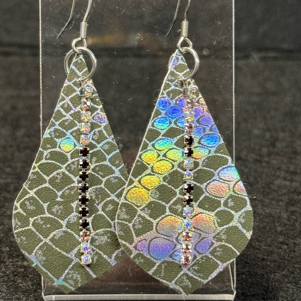 Handmade black and holo reptile skin faux leather earrings with rhinestones